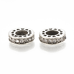 Crystal Alloy European Beads, Large Hole Beads, with Rhinestone, Flat Round, Antique Silver, Crystal, 11x3.5mm, Hole: 5mm