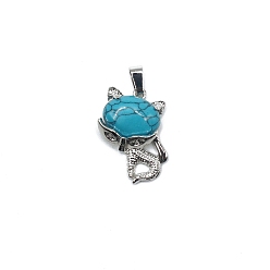 Synthetic Turquoise Synthetic Turquoise Dyed Pendants, Platinum Plated Alloy Mask Kitten Charms, 31x20mm