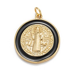 Черный Латунь эмаль подвески, реальный 18 k позолоченный, долговечный, подвески медали святого бенедикта, золотые, чёрные, 23.5x20.5x2 мм, отверстие : 3 мм, Перейти кольцо: 5x0.8 мм