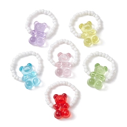 Mixed Color Acrylic Bear Stretch Rings, with Glass Seed Beaded, Mixed Color, US Size 12 3/4(22mm)
