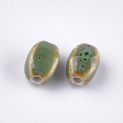 Lime Green Handmade Porcelain Beads, Fancy Antique Glazed Porcelain, Oval, Lime Green, 12~14x9~10.5x9~11mm, Hole: 2.5mm