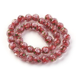 Red Handmade Gold Sand Lampwork Beads Strands, Inner Flower, Round, Red, 10x9mm, Hole: 1mm, about 40~42pcs/strand, 14.56 inch~14.96 inch(37~38cm)