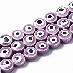 Medium Orchid Handmade Porcelain Ceramic Beads Strands, Bright Glazed Porcelain, Flat Round with Evil Eye, Medium Orchid, 8x5mm, Hole: 1.5mm, about 40pcs/strand, 12.01 inch(30.5cm)