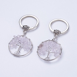 Quartz Crystal Natural Quartz Crystal Keychain, with Iron Key Rings and Brass Finding, Flat Round with Tree of Life, 65~67mm, 36x29x5~8mm