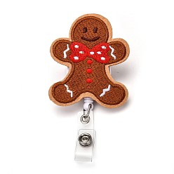 Chocolate Christmas Gingerbread Man Felt & ABS Plastic Badge Reel, Retractable Badge Holder, with Iron Alligator Clip, Platinum, Chocolate, 11cm, Gingerbread Man: 70x57x25mm
