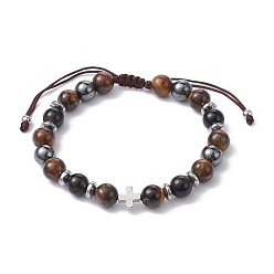 Obsidian Natural Tiger Eye & Obsidian Round & Brass Cross Braided Bead Bracelets, Adjustable Bracelet, Inner Diameter: 2-1/8~3-3/8 inch(5.3~8.6cm)