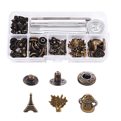 Antique Bronze 18 Sets Eiffel Tower & Tree & Mushroom Brass Leather Snap Buttons Fastener Kits, Including 1 Set 45# Steel Hole Punch Tool, 1Pc 45# Steel Round BaseCraft, Antique Bronze, Buttons: 18sets