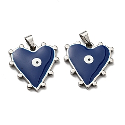 Midnight Blue 304 Stainless Steel Pendants, with Enamel, Heart with Evil Eye Charm, Stainless Steel Color, Midnight Blue, 21x21x3mm, Hole: 5x3.5mm