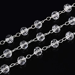 Серебро Стеклянные граненые круглые цепочки из бисера ручной работы, с серебряными латунными цепями, пайки, с катушкой, серебряные, 4x4 мм, около 82.02 футов (25 м) / рулон