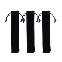 Black Rectangle Velvet Pouches, with Polyester Rope, Black, 16.5x3.1cm