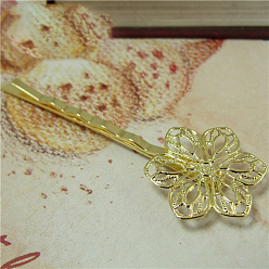 Golden Zinc Alloy Hair Bobby Pin Findings, with Filigree Flower Cabochon Bezel Settings, Golden, 61mm, Tray: 20mm