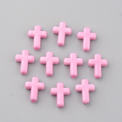 Pink Opaque Acrylic Beads, Cross, Pink, 16x12x4.5mm, about 1230pcs/500g