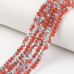 Orange Red Electroplate Opaque Glass Beads Strands, Half Silver Plated, Faceted, Rondelle, Orange Red, 4x3mm, Hole: 0.4mm, about 130pcs/strand, 16.54 inch(42cm)