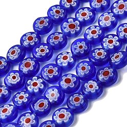 Синий Ручной Millefiori стеклянные плоские круглые нити бисера, один цветочный дизайн, синие, 8x4 мм, отверстие : 1 мм, около 48 шт / нитка, 14.7 дюйм