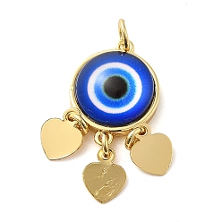 Blue Real 18K Gold Plated Brass Pendants, with Acrylic and Jump Ring, Flat Round with Evil Eye Charms, Blue, 28x14x5mm, Hole: 3.4mm