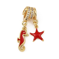 Red Brass Micro Pave Clear Cubic Zirconia Pendents, with Enamel, Sea Horse with Starfish Charms, Rack Plating, Long-Lasting Plated, Cadmium Free & Lead Free, Real 18K Gold Plated, Red, 29mm, Hole: 3mm