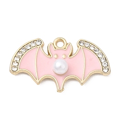 Pink Подвески из эмали и сплава, летучая мышь, со стразами и пластиковой имитацией жемчуга, золотые, розовые, 14.5x25x5 мм, отверстие : 1.6 мм