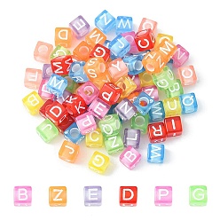Mixed Color Transparent Acrylic Beads, Horizontal Hole, Cube with Random Initial Letter, Mixed Color, 6x6x6mm, Hole: 3.5mm
