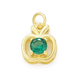 Medium Sea Green Rack Plating Brass Cubic Zirconia Charms, with Jump Ring, Cadmium Free & Lead Free, Long-Lasting Plated, Real 18K Gold Plated, Apple Charm for Teacher's Day, Medium Sea Green, 13x10.5x5.5mm, Hole: 3mm