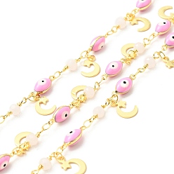 Pearl Pink Enamel Horse Eye Link Chains, with Glass Round Beaded and Brass Moon Charms, Real 18K Gold Plated, Soldered, Long-Lasting Plated, with Spools, Pearl Pink, 5x13x4.5mm, 12.5x4.5mm