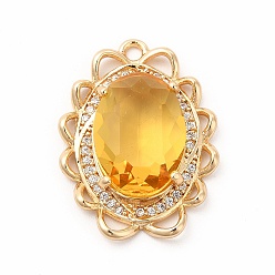 Sunflower Brass with K9 Glass Charms, Golden, Oval Charms, Sunflower, 24x17.5x5.5mm, Hole: 1.6mm