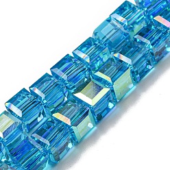 Deep Sky Blue Electroplate Glass Beads Strands, Half Rainbow Plated, Faceted, Cube, Deep Sky Blue, 7~7.5x7~7.5x7~7.5mm, Hole: 1mm