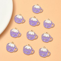Lilac Alloy Enamel Pendants, Light Gold, Cup with Cat Charm, Lilac, 18.5x20x1mm, Hole: 1.5mm