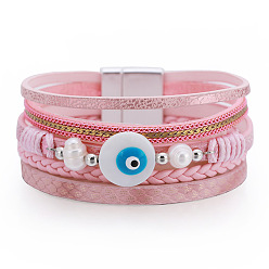 SZ00214-2 Bohemian Vacation Style Multi-layer Woven Demon Eye Pearl Leather Bracelet - European and American Fashion, Retro, Personalized Hand Ornament.