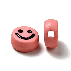 Light Coral Opaque Acrylic Beads, Flat Round with Smiling Face Pattern, Light Coral, 10x5mm, Hole: 2mm, about 1450pcs/500g