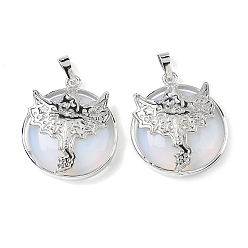 Опал Плоские круглые подвески с опалитом, латунные драконьи драгоценные камни амулеты, платина, стойки покрытие, без кадмия и без свинца, 31.5x27x7.5~8.5 мм, отверстие : 8x5 мм