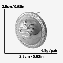 Серебро Модные 304 плоские круглые серьги-гвоздики из нержавеющей стали в форме змеи, серебряные, 25x25 мм