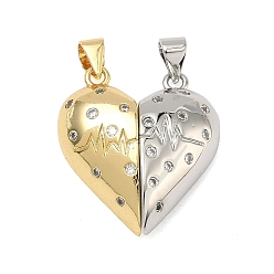 Настоящее золото 18K Подвески из латуни с микропаве и прозрачными кубическими циркониями ко Дню святого Валентина, с магнитным, двухцветные подвески в форме сердца, без свинца и без кадмия, стойки покрытие, долговечный, реальный 18 k позолоченный, 23.5x21.5x6.5 мм, отверстие : 4.3x3.3 мм