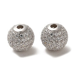 Clair Plaqué rhodium 925 perles en argent sterling micro pavées de zircones cubiques, ronde, Platine plaqué, clair, 10x9mm, Trou: 2.2mm