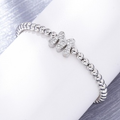 Letter M Латунные круглые бусины эластичные браслеты, Подвеска в виде буквы из латуни с микропаве из прозрачного кубического циркония для женщин, без свинца и без кадмия, стойки покрытие, платина, Буква М, внутренний диаметр: 2~2-1/8 дюйм (5~5.5 см)