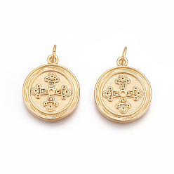 Matte Gold Color Brass Pendants, Lead Free & Cadmium Free, Flat Round with Cross, Matte Gold Color, 18.5x16x2mm, Hole: 3.5mm