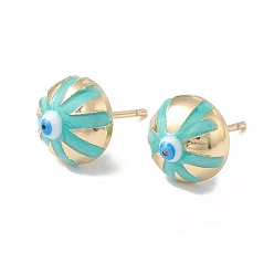 Turquoise Enamel Half Round with Evil Eye Stud Earrings, Real 18K Gold Plated Brass Jewelry for Women, Turquoise, 6x10x6mm, Pin: 1mm