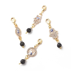 Light Gold Alloy Rhinestone Evil Eye Pendant Decoration Findings, with Natural Lava Rock Beads, Lobster Clasp Charms, Clip-on Charms, Mixed Shapes, Light Gold, 52~55mm