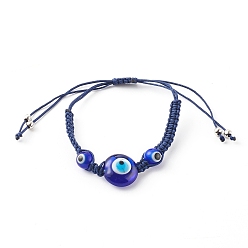 Blue Adjustable Nylon Cord Braided Bead Bracelets, with Evil Eye Lampwork Beads and Brass Beads, Platinum, Blue, Inner Diameter: 1-1/4~3-1/2 inch(3.3~9cm)