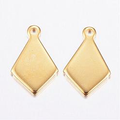 Real 24K Gold Plated 304 Stainless Steel Charms,  Rhombus, Real 24K Gold Plated, 13.5x8.5x1mm, Hole: 1mm