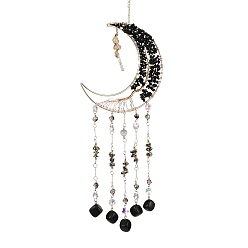 Black Agate Natural Black Agete Wind Chime, with Glass Beads and Iron Ring, Moon, 511mm