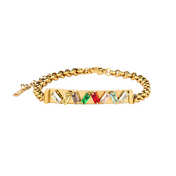 Rectangle Stainless Steel Link Bracelets, with Colorful Rhinestone, Rectangle, 4-3/4 inch(12cm)