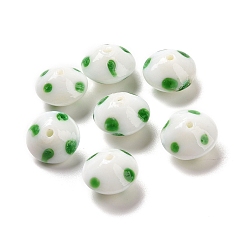 Green Handmade Lampwork Beads, Rondelle with Polka Dots Pattern, Green, 14x9mm, Hole: 1mm