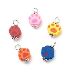 Mixed Color Handmade Polymer Clay Pendants, with 304 Stainless Steel Findings, Dog Paw Charms, Mixed Color, 16x8.5x4mm, Hole: 3mm
