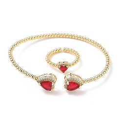 (123L) Белый крем непрозрачный блеск Комплекты браслетов и колец из латуни с микропаве из кубического циркония для женщин, стойки покрытие, реальный 18 k позолоченный, огнеупорный кирпич, браслет: 3~12ширина мм, внутренний диаметр: 61x50 мм