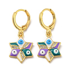 Blue Violet Real 18K Gold Plated Brass Dangle Leverback Earrings, with Enamel and Cubic Zirconia, Evil Eye, Blue Violet, 30.5x13mm