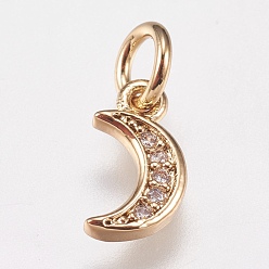 Golden Brass Micro Pave Cubic Zirconia Charms, Moon, Golden, 9x5x1mm, Hole: 3.5mm