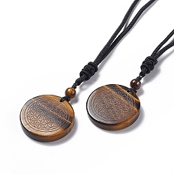 Tiger Eye Natural Tiger Eye Flat Round with Flower of Life Pendant Necklace with Nylon Cord for Women, 25.59~27.95 inch(65~71cm)