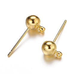 Golden Brass Ball Post Ear Studs, with Loop & 304 Stainless Steel Pins, Nickel Free, Golden, 15.2~15.7x5mm, Hole: 1mm, Pin: 0.7mm