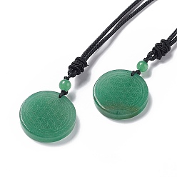 Green Aventurine Natural Green Aventurine Flat Round with Flower of Life Pendant Necklace with Nylon Cord for Women, 25.59~27.95 inch(65~71cm)