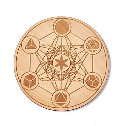 Others Wooden Carved Cup Mats, Heat Resistant Pot Mats, for Home Kitchen, Flat Round with Metatron's Cube Sacred Geometric Pattern, 10x0.25cm